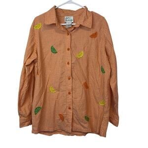 Quacker Factory Orange Gingham Embroidered Beaded Long Sleeve Button Down XL
